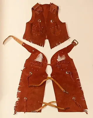 Vintage SEARS KIDS LEATHER FRINGE CHAPS/VEST Western Cowboy Costume Medium Red • $59.95