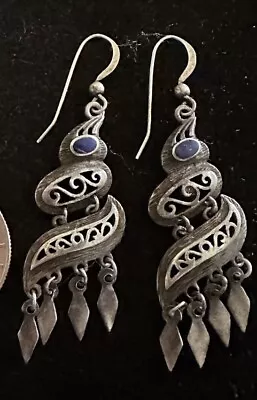Bali Fringed Sterling Silver Filigree Lapis Earrings Southwestern Hook Drops • $9.99
