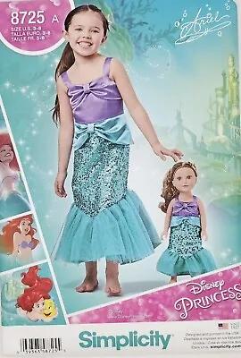 New Simplicity  Pattern 8725 Sz 3-8 Girls And 18  Doll Little Mermaid Costume • $4.95