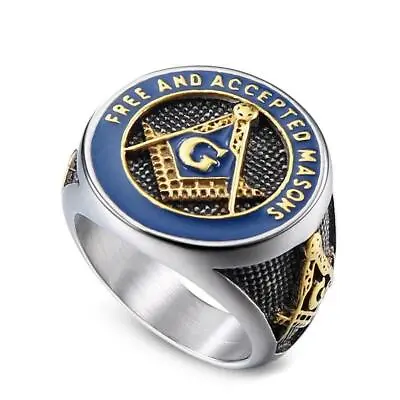 Stainless Masonic Ring Freemason Accepted Men Blue Gold G Square Compass Eye US • $10.79