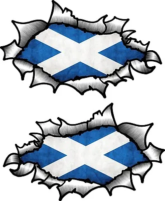 Small Pair Oval Ripped Torn Metal & Scottish Saltire Scotland Flag Car Sticker • £2.59
