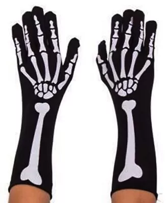 Skeleton Gloves Halloween Fancy Dress Black Ladies Full Finger Bones Gloves • £3.85