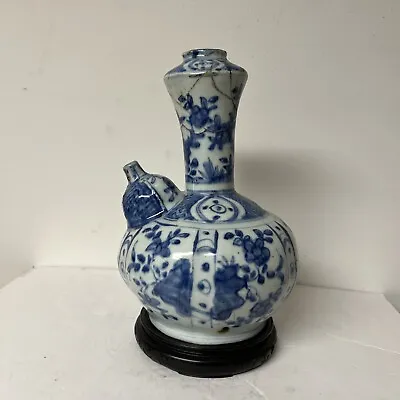 Antique Ming Dynasty Blue And White Porcelain Handheld Vase With Wooden Stand • $819