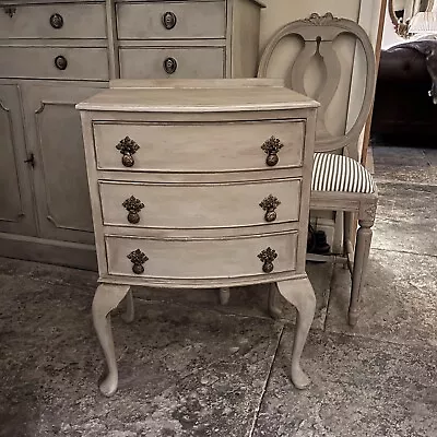 Grey Hand Painted Vintage Country Chic Style 3 Drawer Bow Fronted Bedside Table • £325
