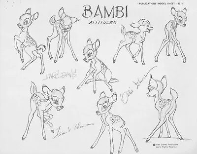 Disney 1971 Publications Model Sheet Bambi Movie Poses UF 3x Signed FT/OJ/MD • $325
