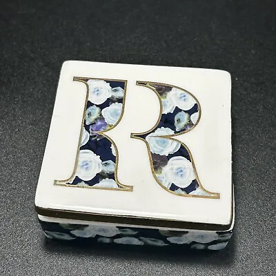 Anthropologie Monogram R Lidded Stoneware Ceramic Jewelry Floral Trinket Box NEW • $9.99