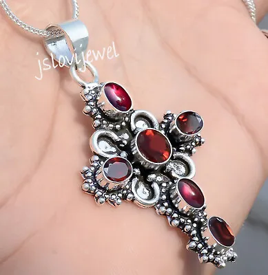 Red Garnet Cut Garnet Gemstone Pendant 925 Sterling Silver Work Jewelry Cross • $19.91