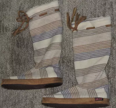 Lukees By Muk Luks Knit Slipper Boot Socks Tan Beige & Gray SZ M 7-8 • $14.73