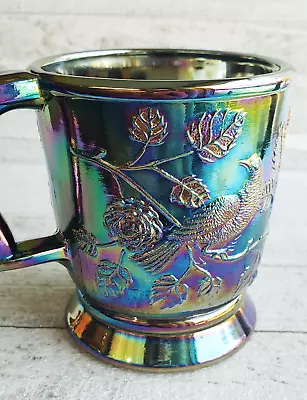 Mosser Blue Black Amethyst Carnival Glass Handled Cup Birds Branches Exquisite • $34.07