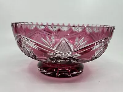 Vintage Lausitzer Crystal Cranberry Red Cut To Clear Footed 7” Bowl • $39