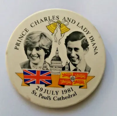 Prince Charles Lady Diana Royal Wedding 1981 Large Tin Metal Pin Badge King III • £4.99