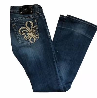 Miss Me Distressed Fleur Rhinestone Rivet Pocket Boot Jeans Women's 29 • $6.20