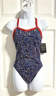 Nike HydraStrong Pixel Party Crossback Women's One Piece Swimsuit Blue Red White • $37.99