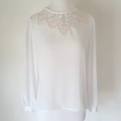 Vtg White Sheer Blouse Top 10 Delicate Floral Embroidery Cottagecore Romantic • $14