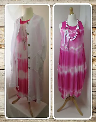 Bnwt Lagenlook Fuchsia Tie-dye Jersey Balloon Dress Draped Sides Osfa • £22.99