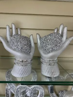 Silver Pair Of Heart In Hands Sparkle Bling Ornament Crushed Diamond Home Decor • £24.99