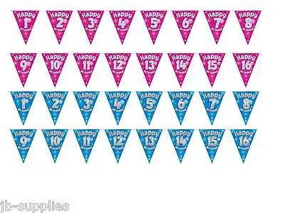 Oak HAPPY BIRTHDAY PARTY BANNER PENNENT BUNTING 11 FLAGS 3.9m  GIRL/BOY-pick Age • £1.85