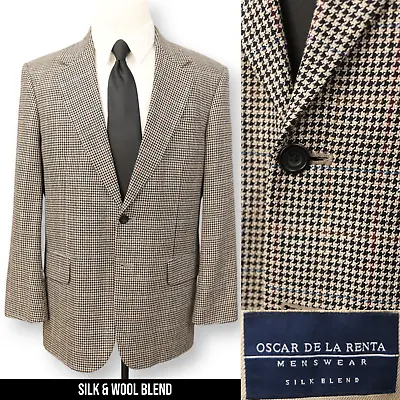 OSCAR DE LA RENTA Mens Black White Houndstooth Sport Coat Jacket Blazer 40 R • $37.99