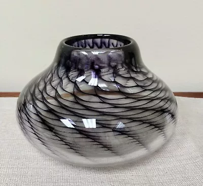 Handmade Vintage Art Glass Blown Squatty Purple Vase Fish Net Design Signed • $36