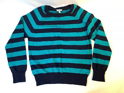 I Love H81 Size Medium Striped Crew Neck Sweater Turquoise And Navy • $5.99