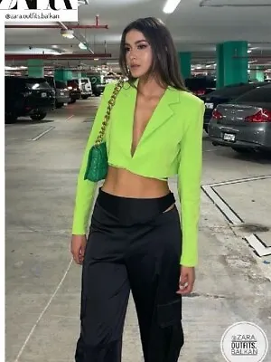 Zara Neon Green Wrap Around Drawstring Cropped Blazer Size S Bnwt • £29.99