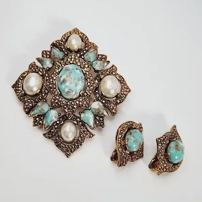 Sarah Coventry Vintage Stimulated Turquoise Pearl Baroque Brooch Clip On Set • $30