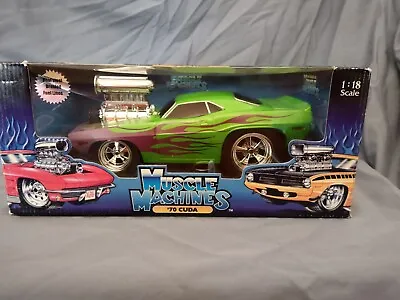 Rare Muscle Machines '70 CUDA 1:18 Diecast Car Green Purple Flames • $50