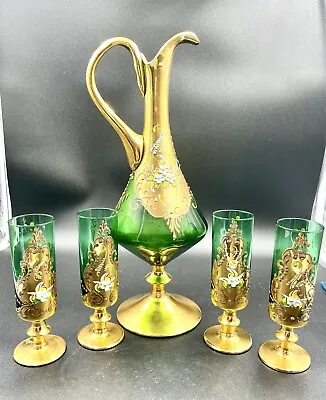 MURANO Venice Italy Emerald Glass Decanter Set 4 Liqour Glasses 24kt Gold Leaf • $95