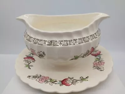 Myott Staffordshire Indian Tree Sauce Gravy Boat Plate Attached Green Border • $25.98