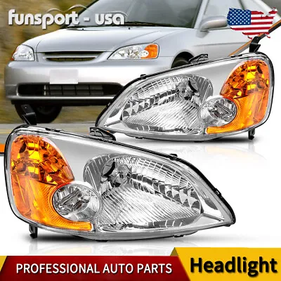 Amber Corner Chrome Housing Headlights Fits 2001 2002 2003 Honda Civic 4-Door • $60.71