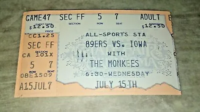 The Monkees & Oklahoma 89ers Vs Iowa Concert Baseball 1987 Tickets Coca Cola  • $19.99