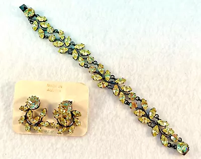 Vintage 1950s Yellow Austrian Crystal Bracelet & Clip Earrings-Marked Austria • $75