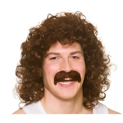 £10.99 • Buy Mens 1960s 70s Perm Wig + Moustache Disco Fancy Dress Wig Brown