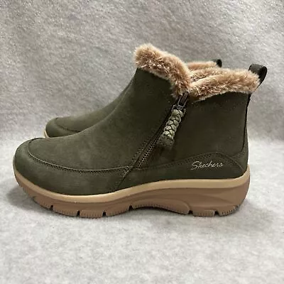 Skechers Easy Going Water Repellent Suede Faux Fur Boots Olive Women's Size 8.5 • $39