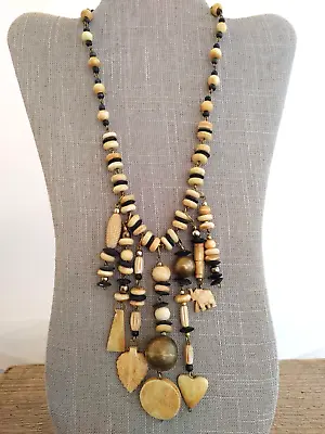 Vintage Bone Beaded Necklace Elephant Ethnic Dark Brown Fringe Bib Brass 19” • $19.95