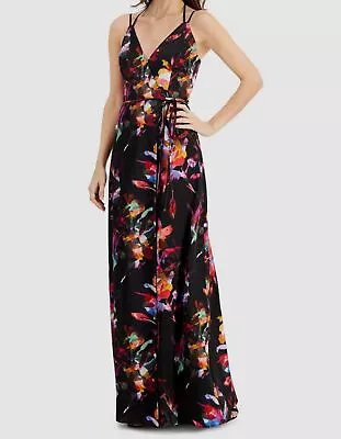 $245 Aidan BY Aidan Mattox Womens Black Printed Wrap-Front Gown Dress Size 12 • $78.78