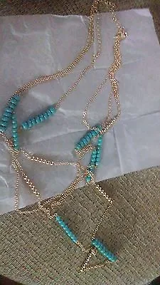 GOLDEN MUSTANG *LONG Necklace* Turquoise-Look Gold-tone Avon Fashion New No Box • $18.79