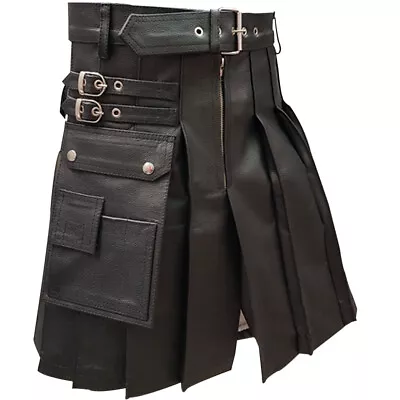 Men Real Black Leather Gladiator Pleated Utility Kilt LARP • $89.24