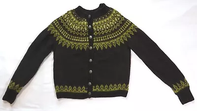 Nordic Fair Isle Vintage Sweater ROUND PEWTER BUTTON CARDIGAN Brown Olive Soft • $60