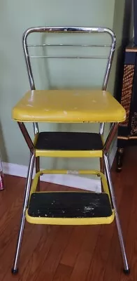 Vintage Rustic Steel Cosco 2 Step Stool Kitchen Yellow Vinyl Chair 50's MCM • $124