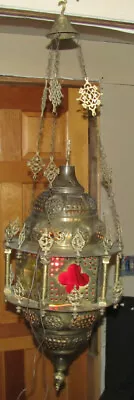 Vintage Moroccan Pierced Brass Hanging Chandelier Ceiling Fixture • $145