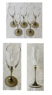 VINTAGE Luminarc Champagne Flutes 6 Oz. Olive Green Stem Blown 5-Pc Set FRANCE • $32.88