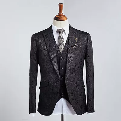 Men's Blazer Black Jacquard Suit Vintage British Style Slim Formal Dress Wedding • $114