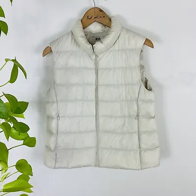 Uniqlo Size S 8 Puffer Vest Beige Off White Natural Duck Down Zip Up Ultra Light • $44.10