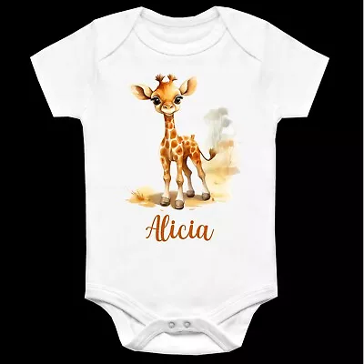 Personalised Giraffe Baby Vest Name Printed Safari Gift Custom Bodysuit Girl Boy • £5.99