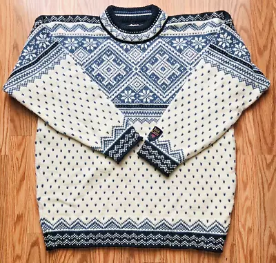 DALE OF NORWAY Vintage Blue Snowflake Ice Printed Wool Knit Ski Sweater Men Med • $224.99