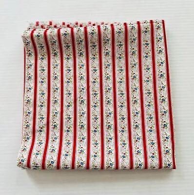 Vintage Fabric Cotton Petite Floral Print Rows Red Stripes On White 2 1/2 Yards • $24