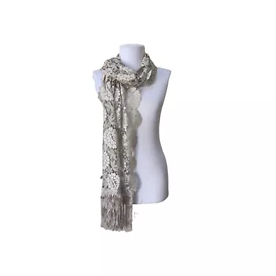 Ladies Pewter Floral Lace Scalloped Edge Scarf Wrap W/ Fringe Trim • £10.69