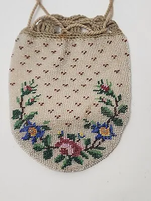 $0.99 • Buy Vintage Beaded Drawstring Floral Micro Bead Purse Evening Bag 