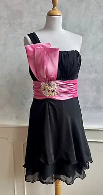 Black Chiffon Pink Bow One Strap Corset Ribbon Back Occasion Party Prom Dress 12 • £6